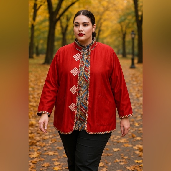 KOOS of Course! Reversible Silk Red Gingham & Bold Print Jacket Blazer 1X - Picture 2 of 13